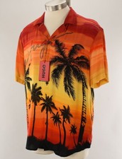 HUGO BOSS Red Palm Tree ELLINO Straight Fit Short Sleeve Viscose Shirt LARGE NWT