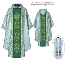 NEW GREEN Metallic Gothic Vestment and Stole set with IHS Embroidery, Casula