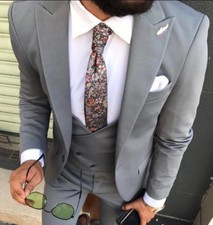 DESIGNER BUSINESS DARK GREY SILVER MENS SUIT SPORT COAT WAISTCOAT FITTED SLIM FIT