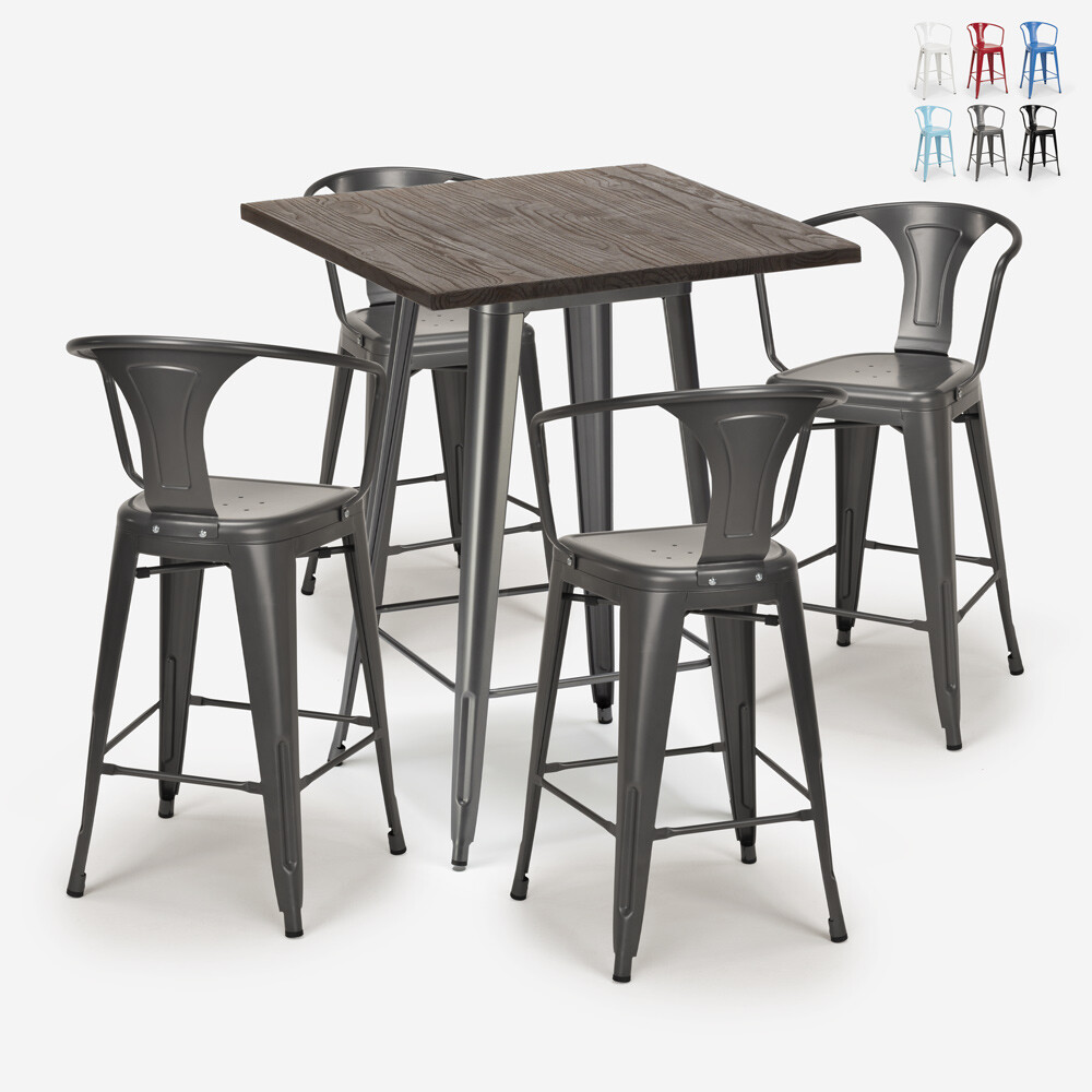 Juego mesa alta madera 60 x 60 cm 4 taburetes tolix industrial...