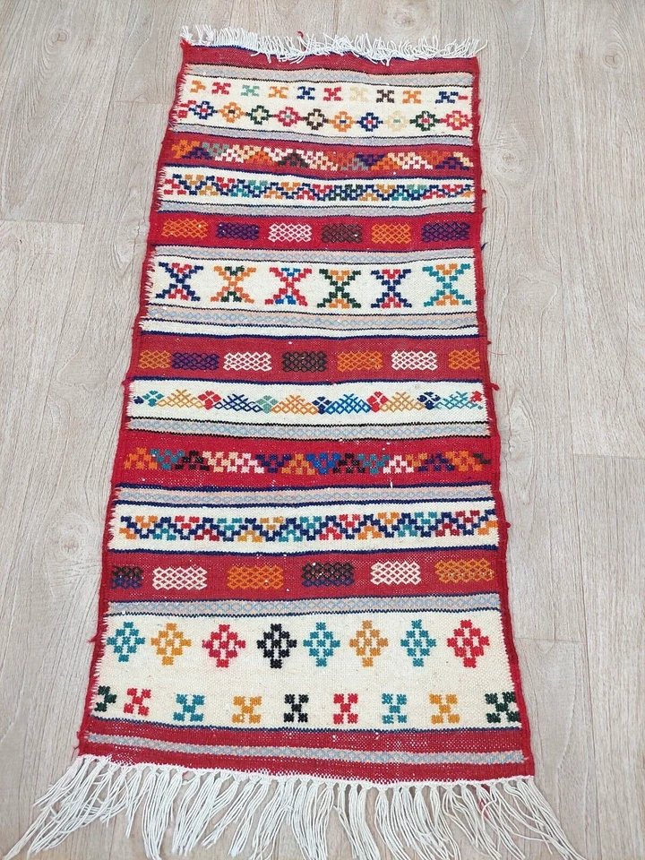 Moroccan Vintage Sabra Kilim Rug Tribal Berber Hand Woven Red Wool Carpet 1x3 Ft - Image 4 of 4