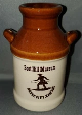 Boot Hill Museum salt/pepper shaker souvenir mini milk jug/can Dodge City Kansas