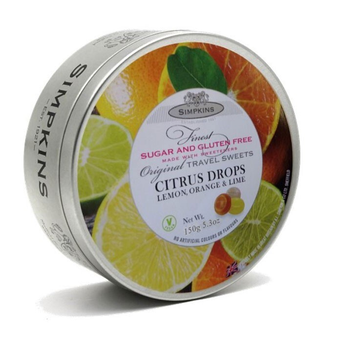 Simpkins Sugar & Gluten Free Citrus Drops Travel Sweets 150g Tin