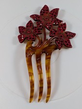 Vintage Tortoise Art Deco Decorative Hair Comb Red Stones Excellent Condition