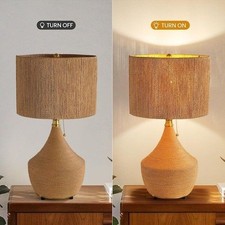 Kaisite 24 Zoll Boho Tischlampe braun Rattan Fuß und Schirm mit Metallzugkette