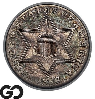 1858 Three Cent Silver Piece 3CS Trime Type III AU Colorful Toning
