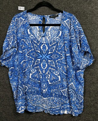 Rose & Thyme Blouse Womens Size 2X  Blue White Paisley Top Cap Sleeves 