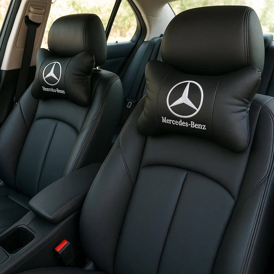 Подушки для поддержки шеи автомобиля Mercedes-Benz черная кожа — универсальная посадка — 2 шт. - Изображение 3 из 3