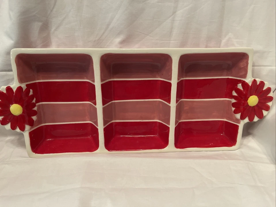 Ceramic 3 Section Appetizer Serving Dish Tray Red Flower Handles Brunch Spring - Image 3 of 4