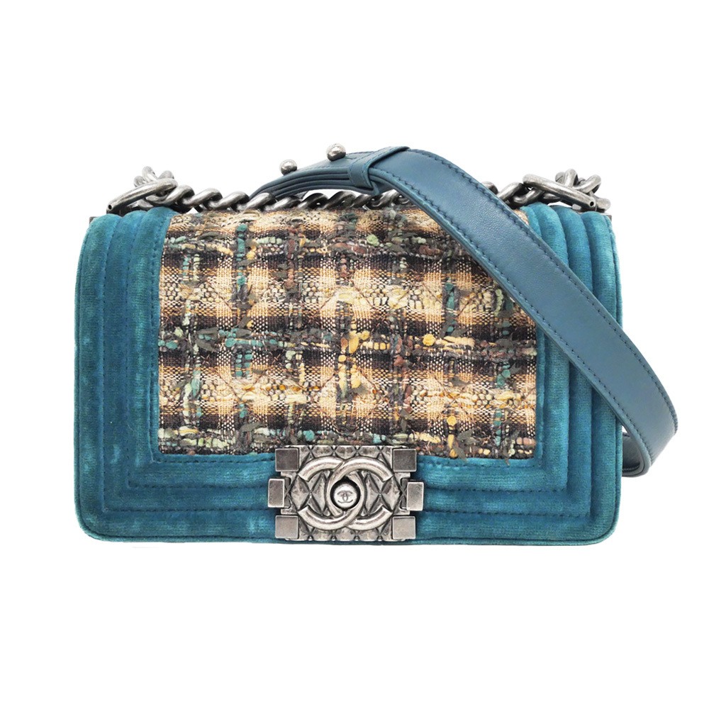 Chanel Boy Chanel 20 Chain Shoulder Bag Tweed Suede SV Hardware Green 351709