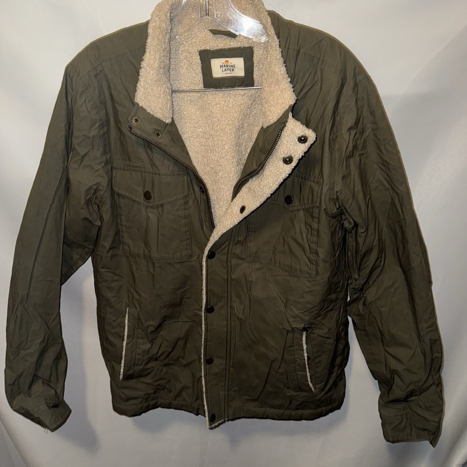 Marine Layer Waxed Trucker Jacket Mens M Olive Green Sherpa Lined Coat **READ