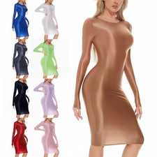 Women's White Glossy Long Sleeve Bodycon Dress Tights Nightwear Lingerie