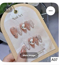 A37 Pink Silver Glitter 3D Butterfly Acrylic Press-On Nails Long Almond