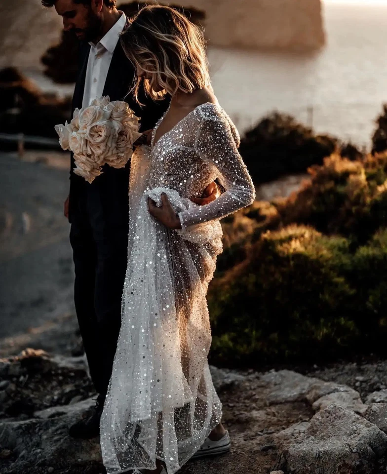 Beaded Wedding Dresses Sequined Long Sleeves V-neck Boho Formal Bridal Gown - Image 3 of 4