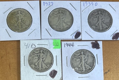 [Lot of 5] WALKING LIBERTY HALF DOLLARS .50  90% Silver $2.50 Face Value