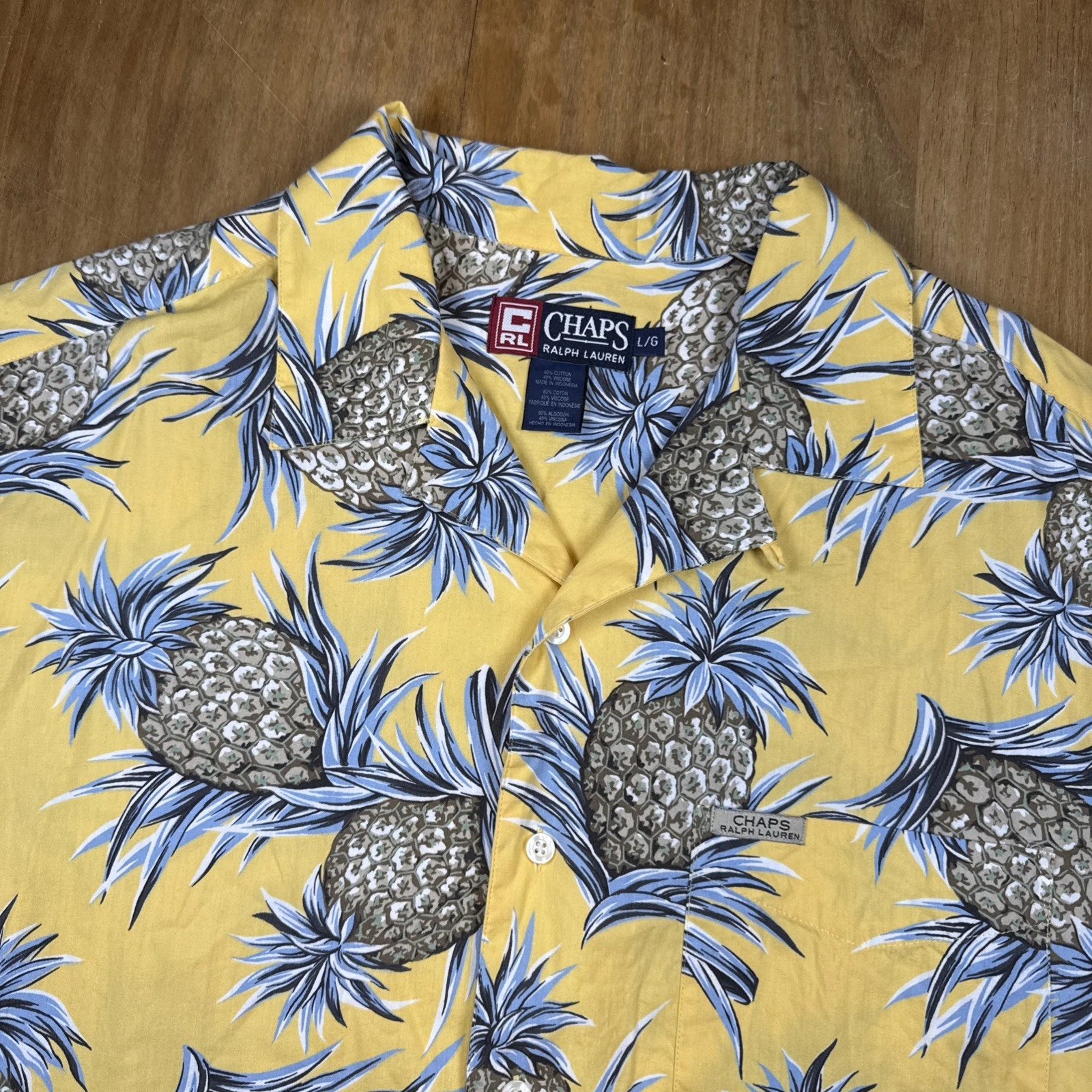 VTG Chaps Ralph Lauren Short Sleeve Button Down Mens L Yellow Pineapple Casual