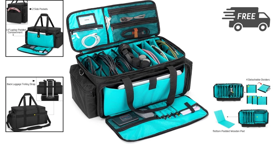 Cable File Gig Bag Padded Bottom Dividers for DJ Sound Equipment Laptop - Image 2 of 4