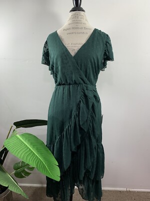 Lulus Have Harmony Dark Green Swiss Dot Ruffled Faux Wrap Midi Dress, Size M