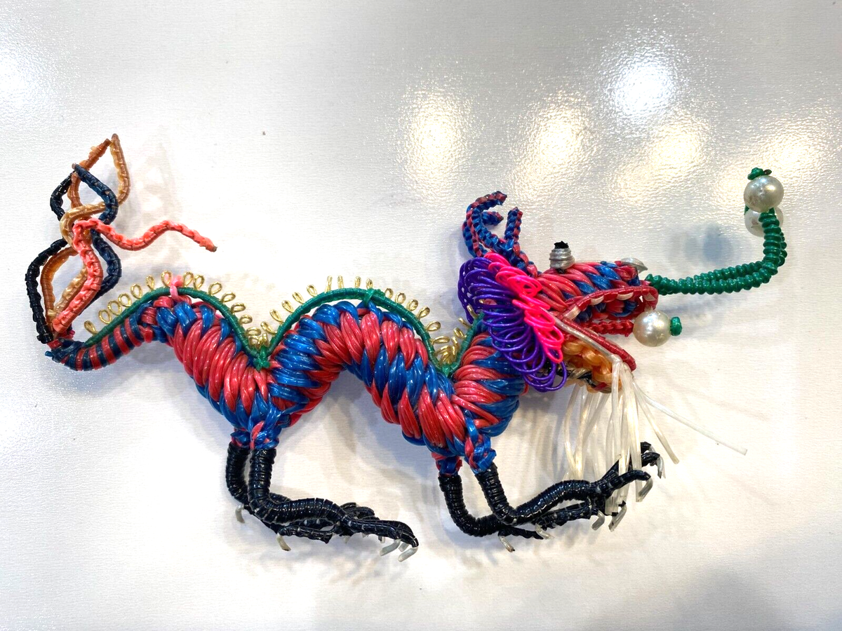 Handmade Folk Art Chinese Wire Weave Dragon Multicolor Sculpture