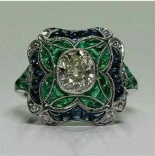 Art Deco Style Lab Created Diamond Emerald Engagement Ring 14k White Gold FN
