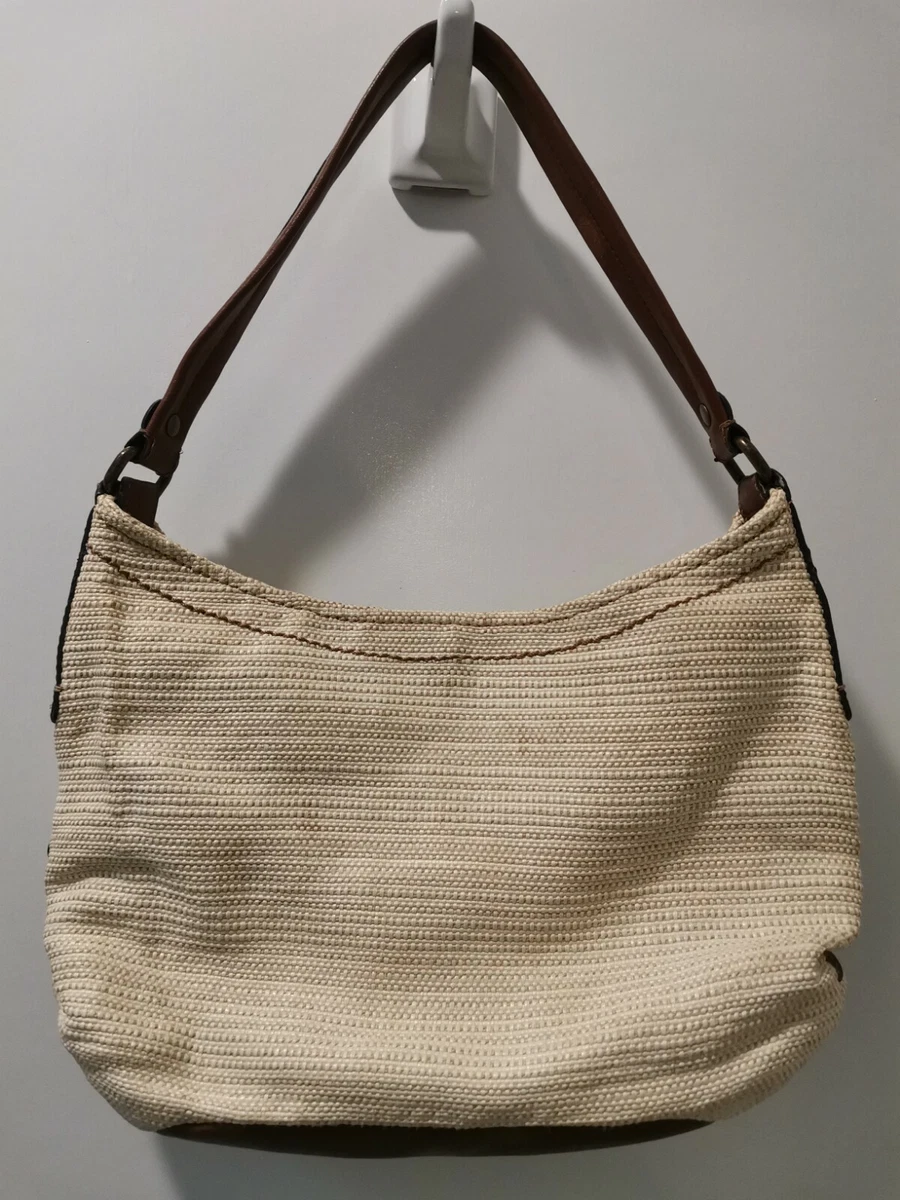 Fossil Off White FauxStraw ShoulderBag Purse Brown leather Handle Trim