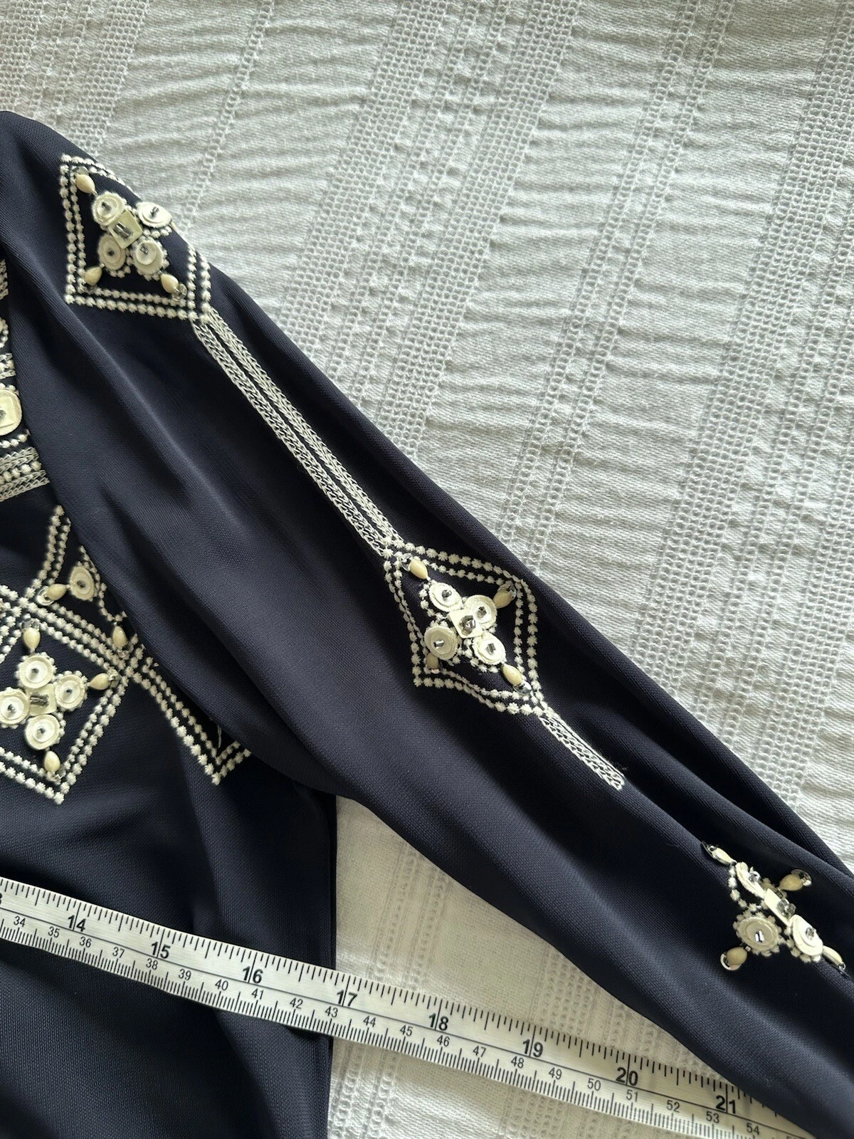 Tory Burch NUOVO SENZA ETICHETTE blu navy avorio impreziosite perline taglia M manica elastica 3 4