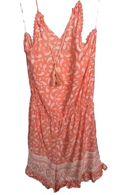 Exist Boho Paisley Romper XL NWT Peach Tassel Tie Ruffle Crochet Trim Wide Leg