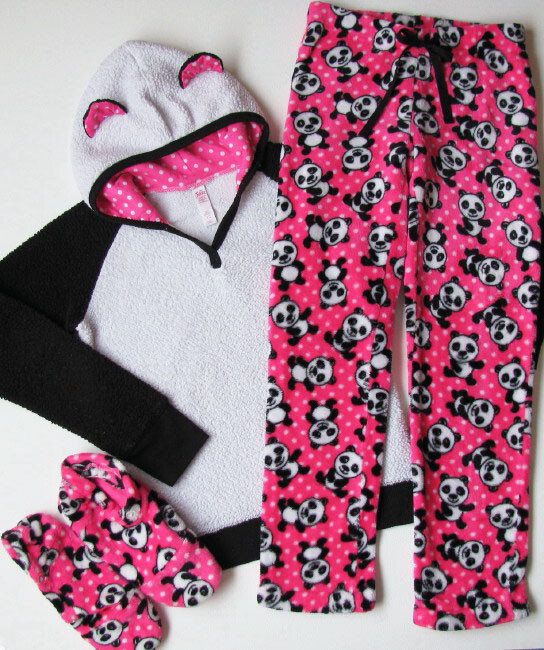 Justice Sherpa Fleece Panda Pajamas 3pc Hooded Pjs Set Slipper Feet girls 12