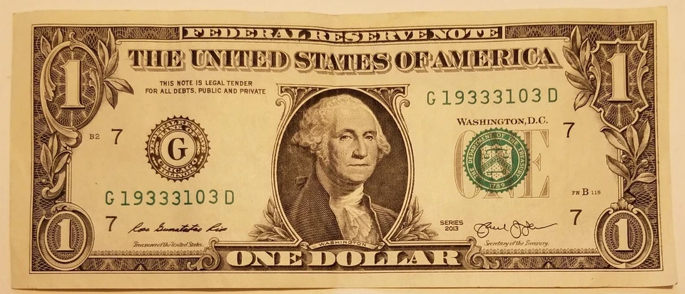 Birthday Dollar Bill March 31, 1933 Off Center Fancy Serial US $1 Series 2013 G - Image 4 of 4