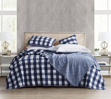 Navy Blue White Buffalo Plaid 3pc Cotton Quilt Set Twin Full Queen King Coverlet