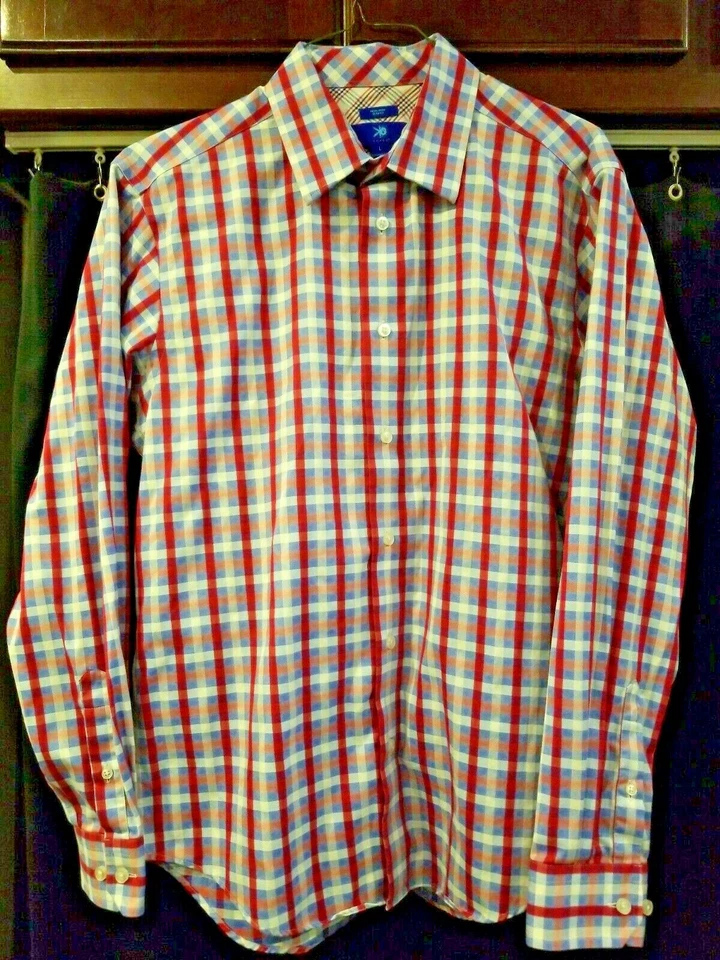 Egara Hombres Botón Delantero Puño Abatible Manga Larga Cuadros Rojo Blanco Azul Grande Delgado Foto 3 de 4