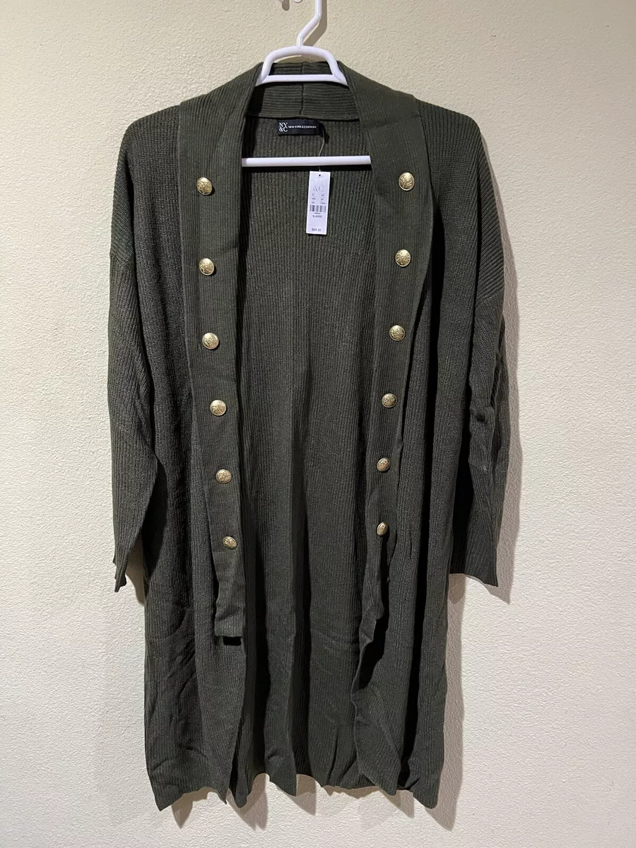 NY&Co New York & Company Olive Green Gold Buttons Long Cardigan Sweater Sz  XL S5