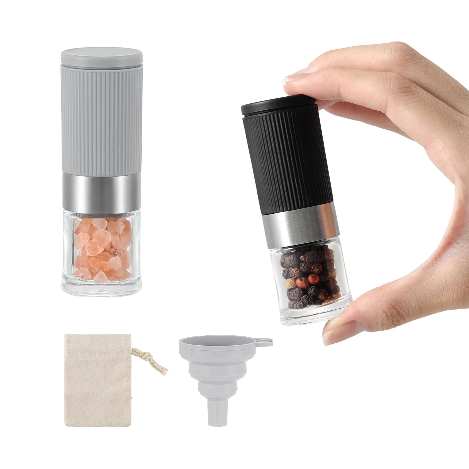 Mini Salt and Pepper Grinder Set, Small Tiny Adjustable Coarseness Mini, Gray