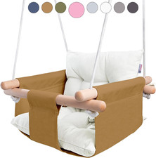 - Canvas Baby Swing Chair, Wooden Hanging Seat with Safety Belt, Durable and Com