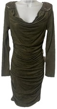 INC Dress Womens S M Olive Green Ruched Sides Beaded Bodycon Stretch Sexy