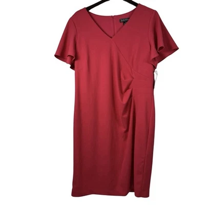 Jessica Howard Ruched Sheath Dress Womens 14W Red Flutter Sleeve Stretch NWT - Image 1 of 4