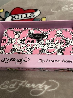 Ed Hardy Wallet Zip Around & Key Ring Pink Skull Bone & ED
