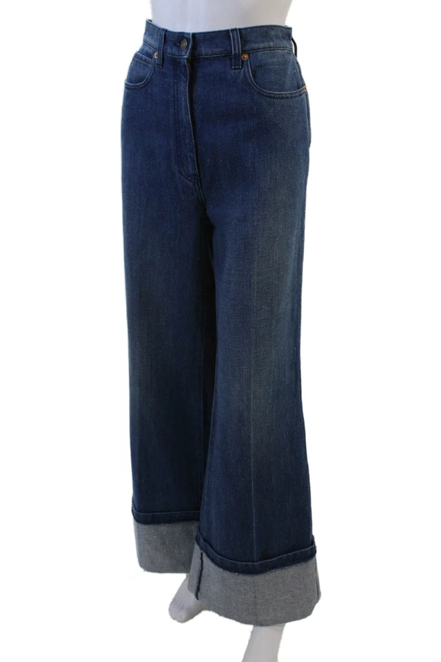 Pantalones de mezclilla para mujer Gucci acampanados de pierna ancha azul oscuro 100 % algodón talla 26 Foto 2 de 4