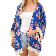 Umgee Kimono Cover Up Blue Red Floral Crochet Lace Trim Open Boho Size S NEW