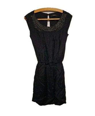 Vila Damen Kleid Gr XS Schwarz Viskose Perlen Partykleid Kurzarm Sommerkleid -G2
