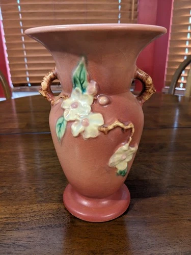 1940s handmade ROSEVILLE POTTERY APPLE BLOSSOM 385-8 VASE 8"