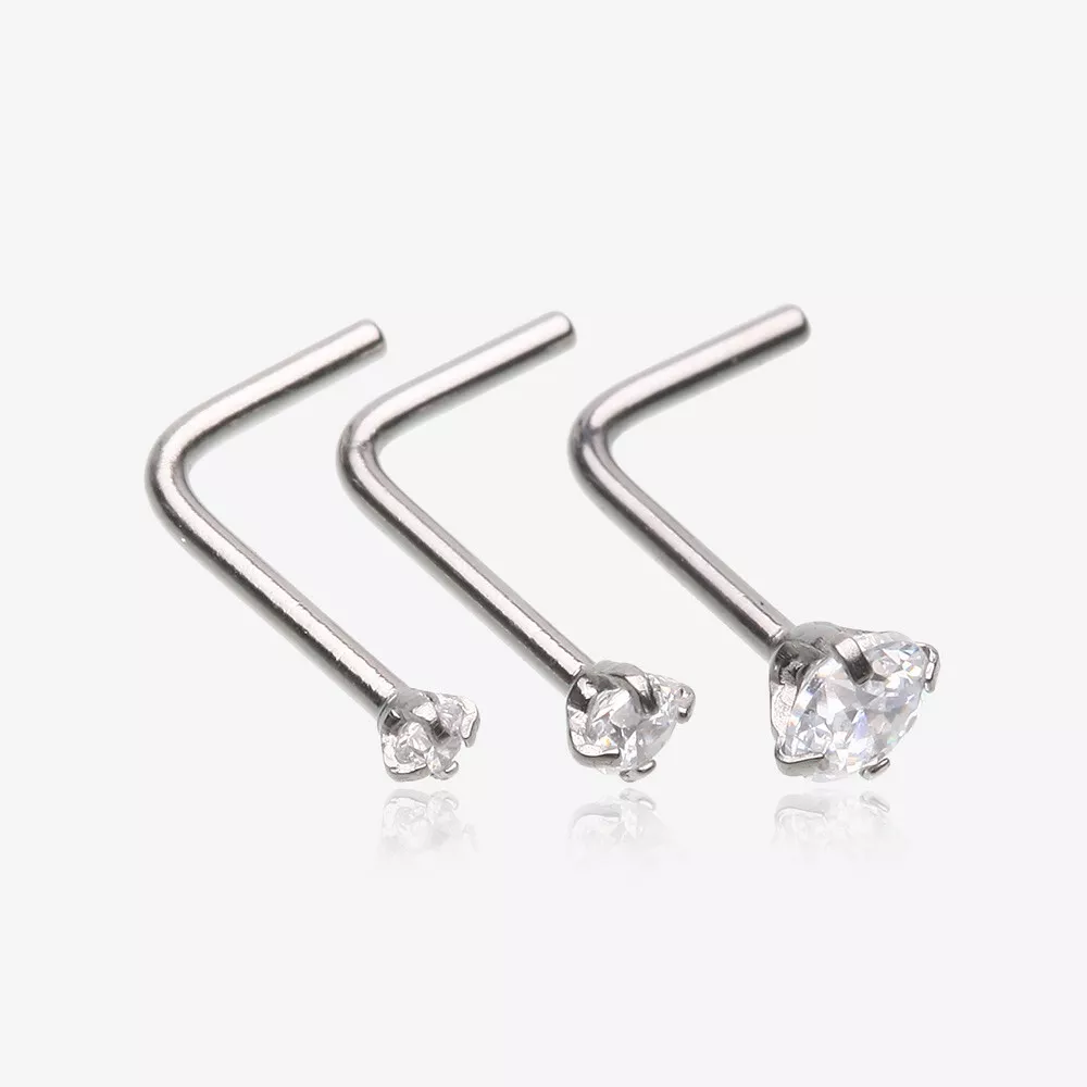 3 Pcs of Assorted Prong Set Sparkle Gem L Shaped Nose Ring Package