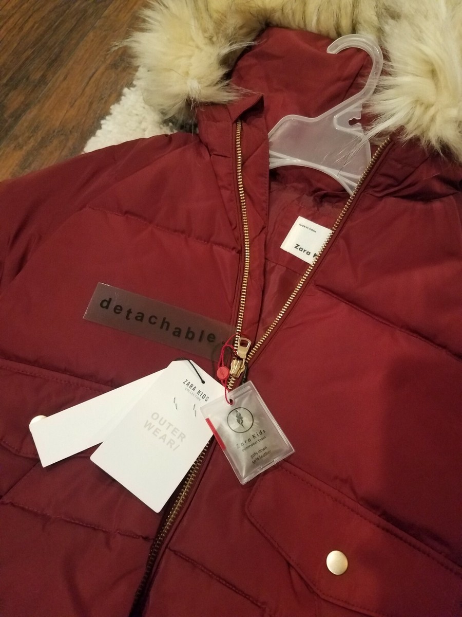 Zara Kids Faux Fur Trim Cranberry Coat Nwt Size