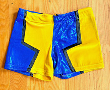 Men&rsquo;s Pro Wrestling Biker Shorts Yellow Velvet & Mirror Blue w/ Black Trim Sz L