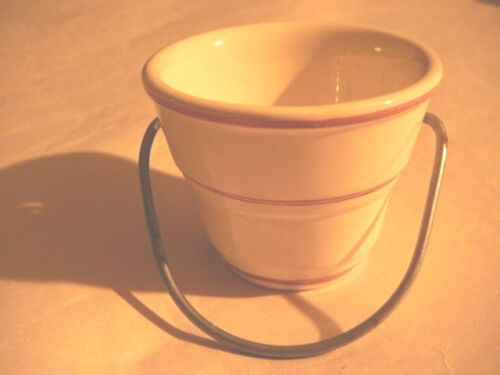 LITTLE 1.75" WHITE CERAMIC PAIL BUCKET W METAL HANDLE & 3 MAROON STRIPES WATER - Picture 1 of 6