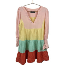 Pomander Place Tuckernuck Pink Yellow Green Flare Gauze Dress Sz M 100% Cotton