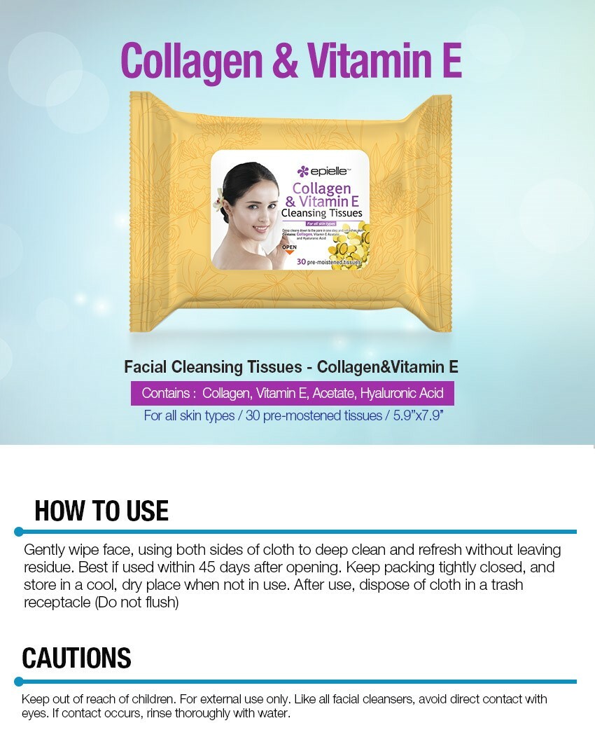 Epielle Collagen Vitamin E Makeup Remover Facial Cleansing Tissues 30