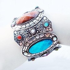 Antique Westren Style Drop Bracelet Bangle Multi-Color Glass Crystal Silver Tone