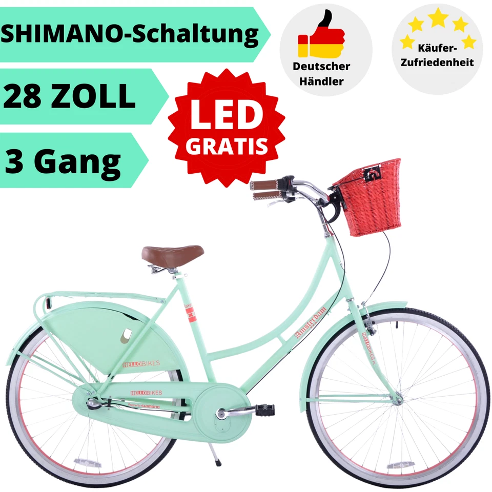 Fahrrad Damen 28 Zoll Damenrad mit Korb LED Licht Retro Grün Citybike Weidenkorb