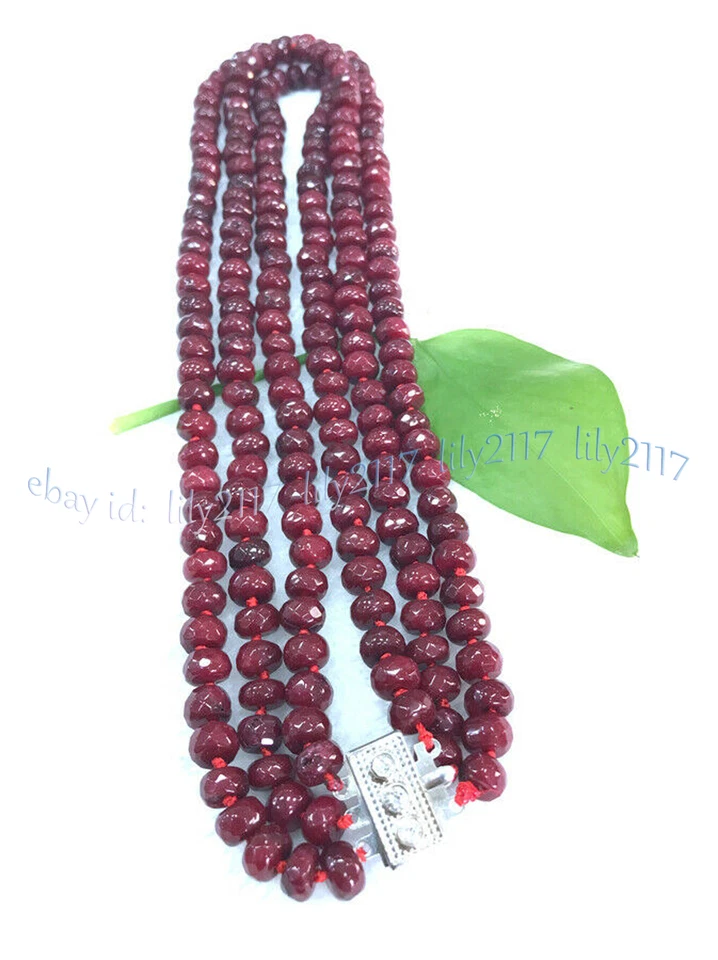Collar de cuentas de piedras preciosas rondelle jade rojo Brasil 3 filas facetadas 5x8 mm 18-20"" Foto 4 de 4
